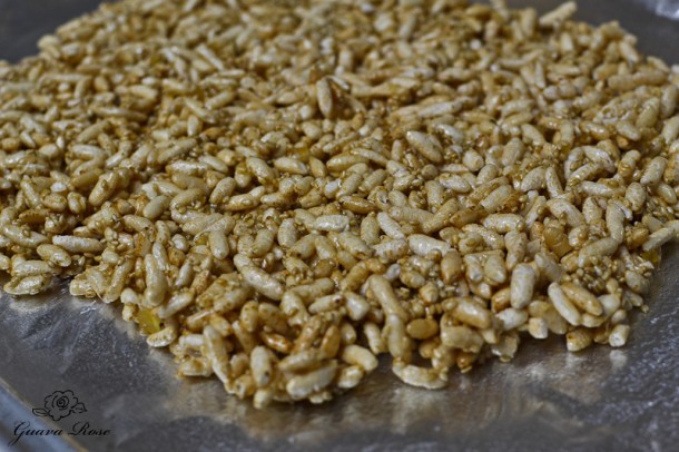 Sesame ginger puffed rice crunch, on foil, unbaked