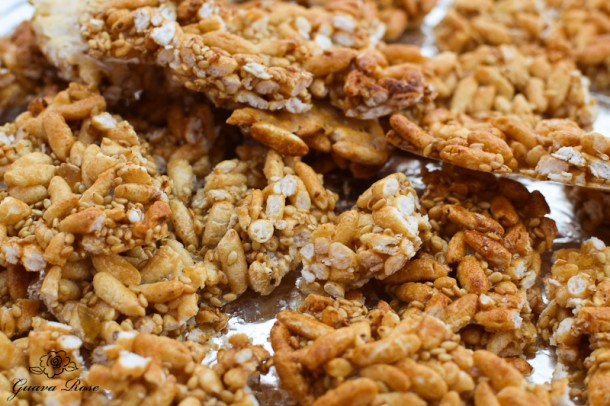 Sesame ginger puffed rice crunch, baked