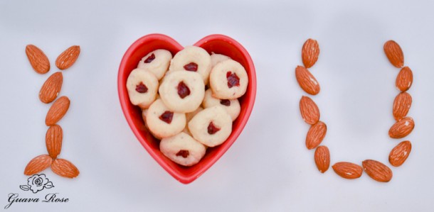 Cherry almond cookie bites in (I <3 U) formation