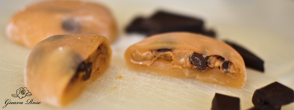 Peanut butter chocolate mochi cut in half
