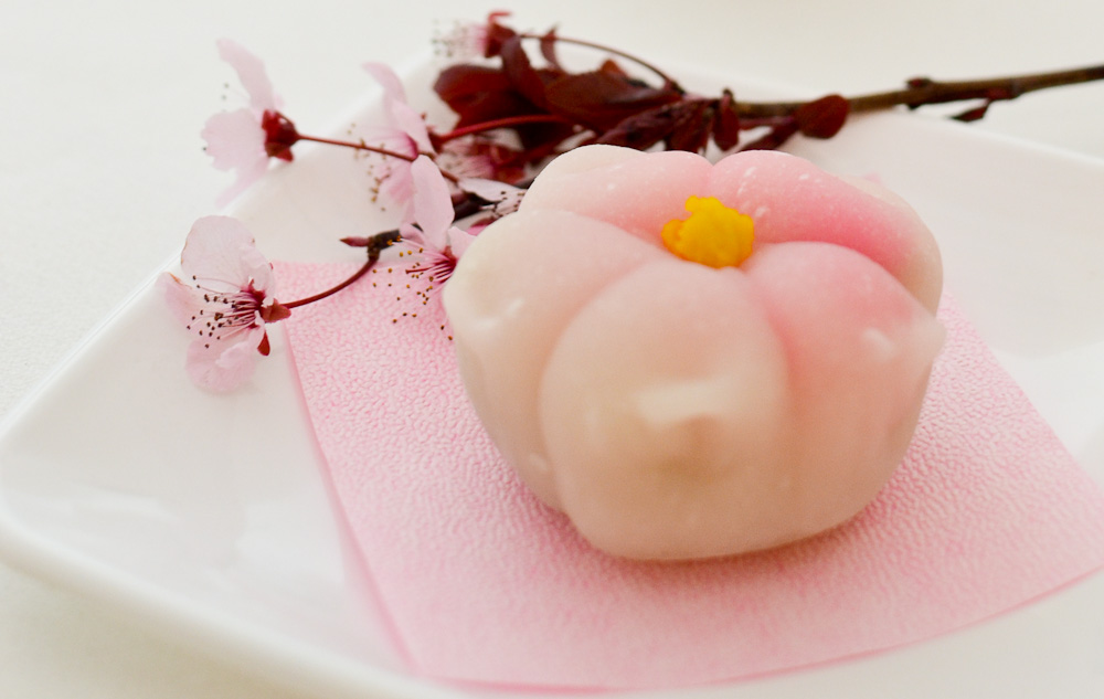 Sakura shaped mochi with white bean filling, close up 