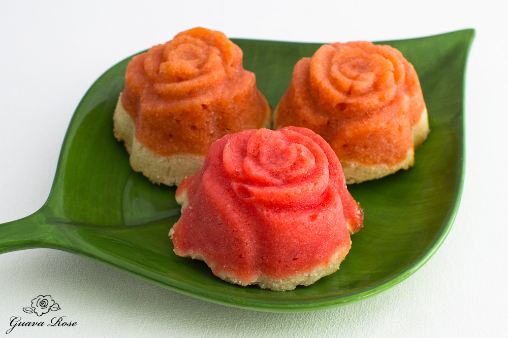Guava rose mochi tarts on leaf plate, front view