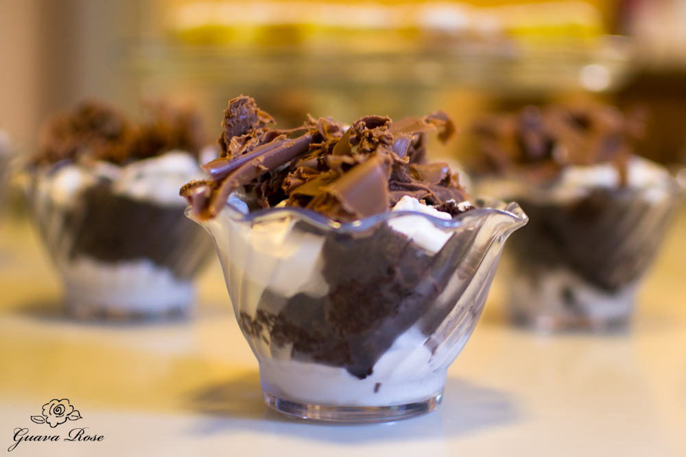 Lite chocolate trifle cups, close up