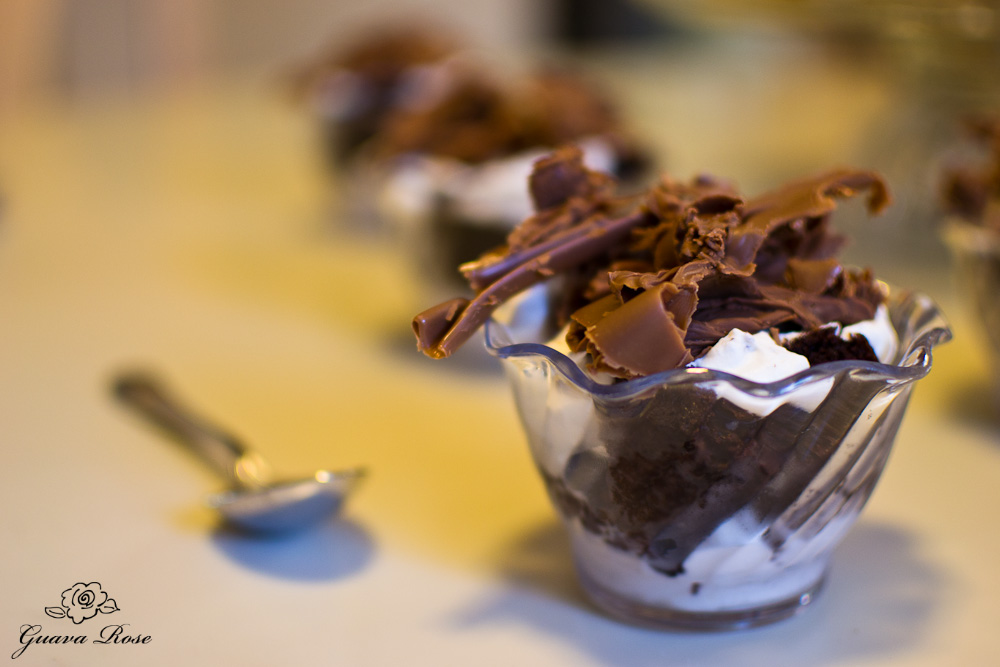 Lite chocolate trifle cup w/spoon, close up
