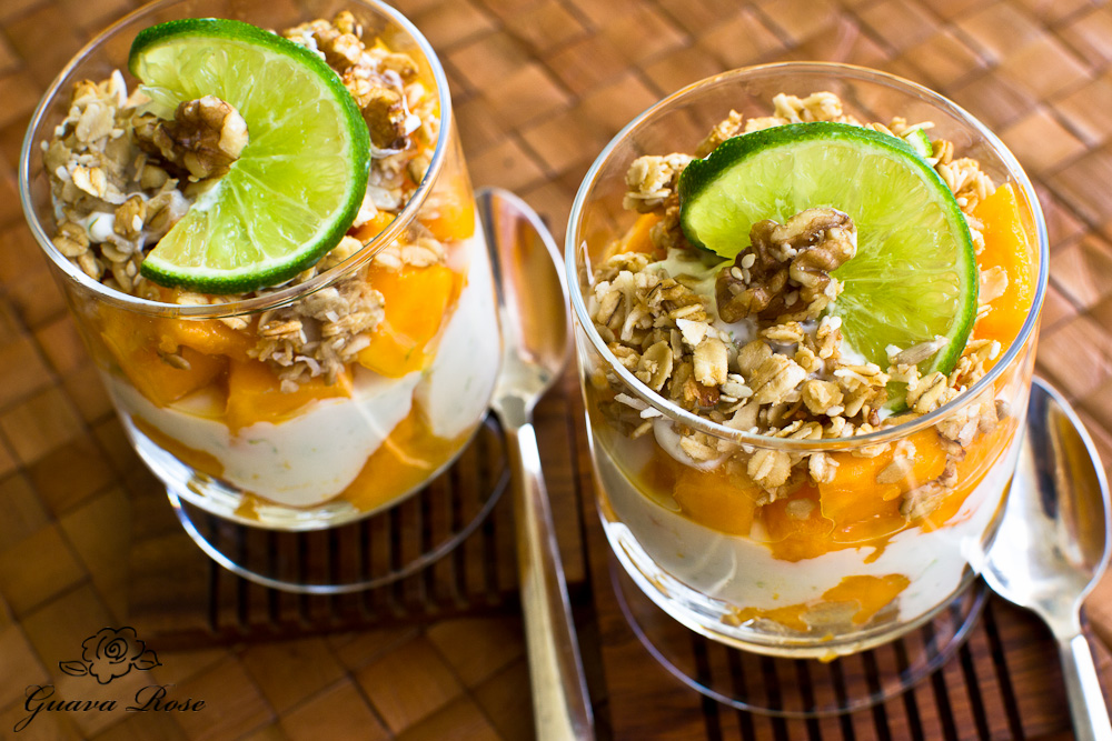 Papaya parfaits with ginger lime greek yogurt