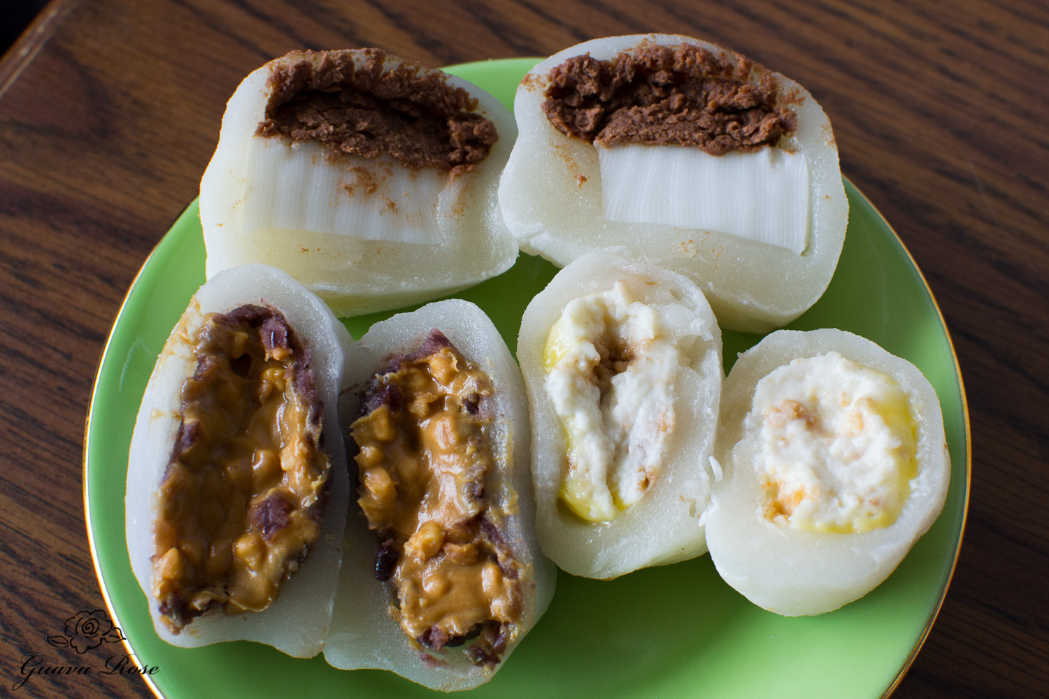 Cut open mochi: choc haupia, Peanut butter An, lilikoi cheesecake