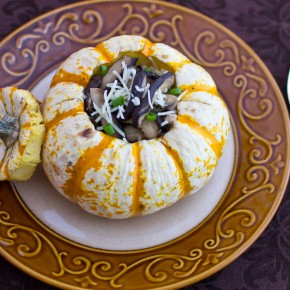Tiger Mini Pumpkins filled with Pearl Couscous and Sauteed Mushrooms