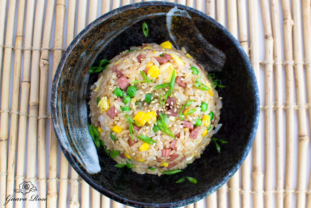 Bowl of spam fried rice, top view