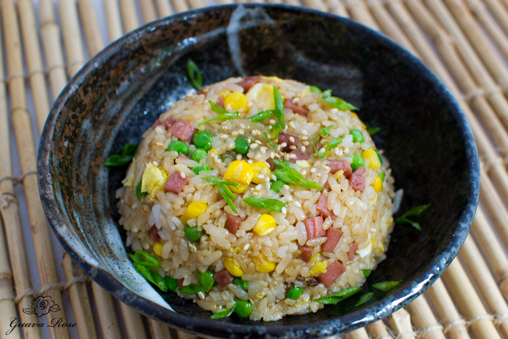 Bowl of spam fried rice, side view
