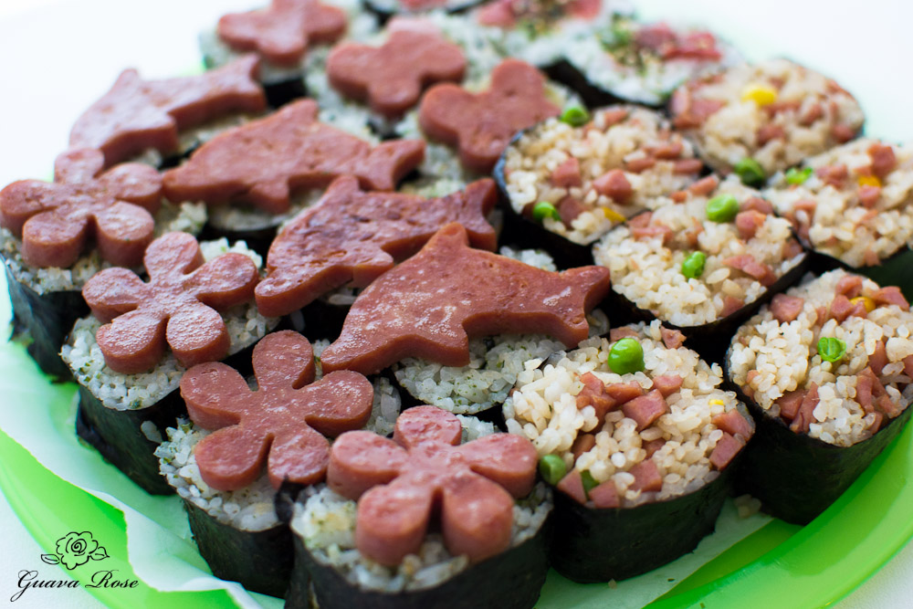 Assorted spam, ume and spam fried rice musubi, close up