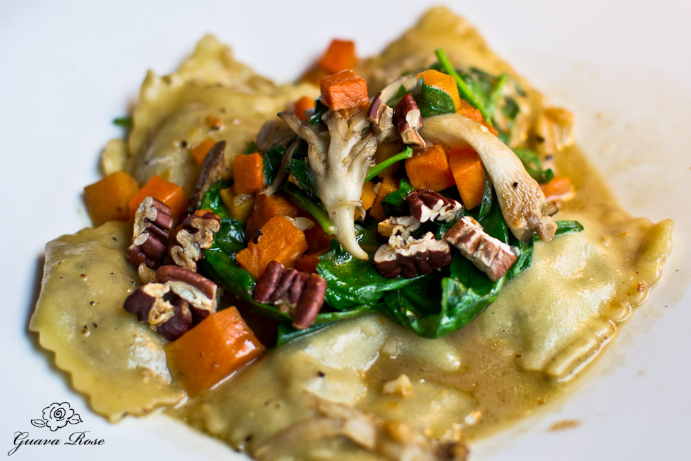 House Made Shiitake Mushroom & Sierra Nevada Goat Cheese Ravioli roasted butternut squash, forest blend, mushrooms, baby spinach, toasted pecans