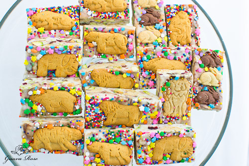 Animal cracker fudge pieces, angled front view