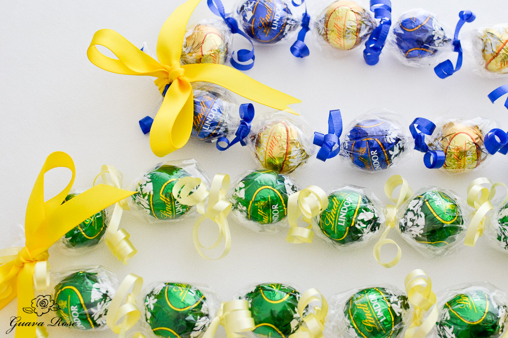Green & Gold, and Blue & Gold Kukui nut candy leis, single ribbon
