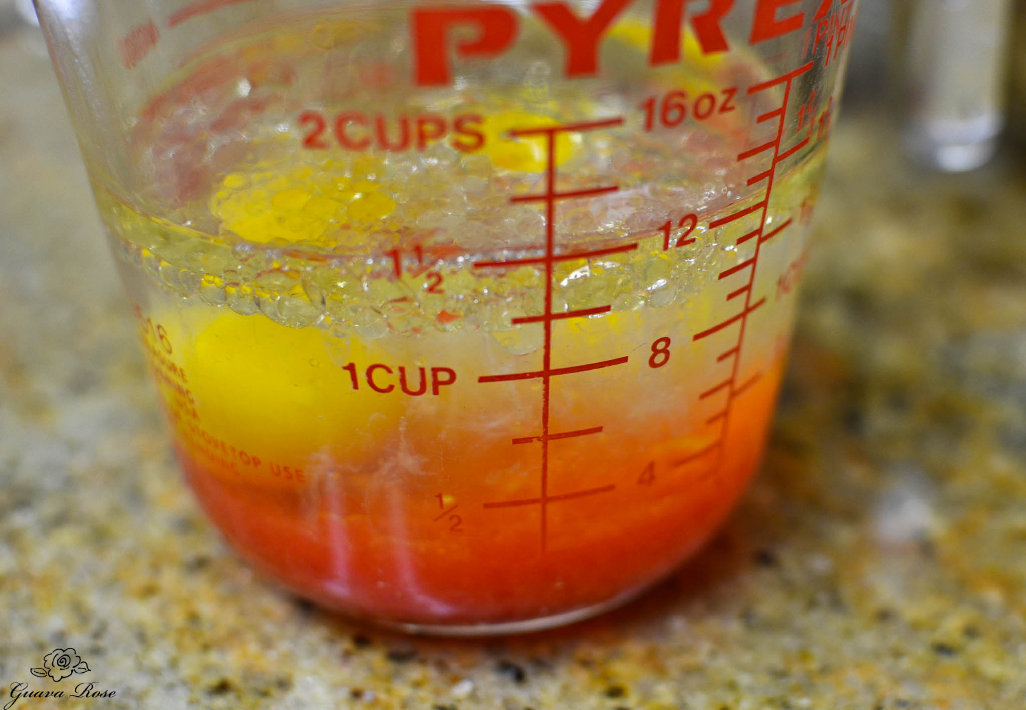 Oil, water, guava concentrate, eggs, vanilla in measuring cup