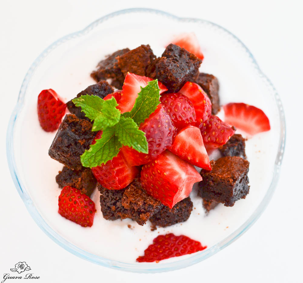 Haupia kitchen sink slushie with strawberries, frozen brownie bites, topview