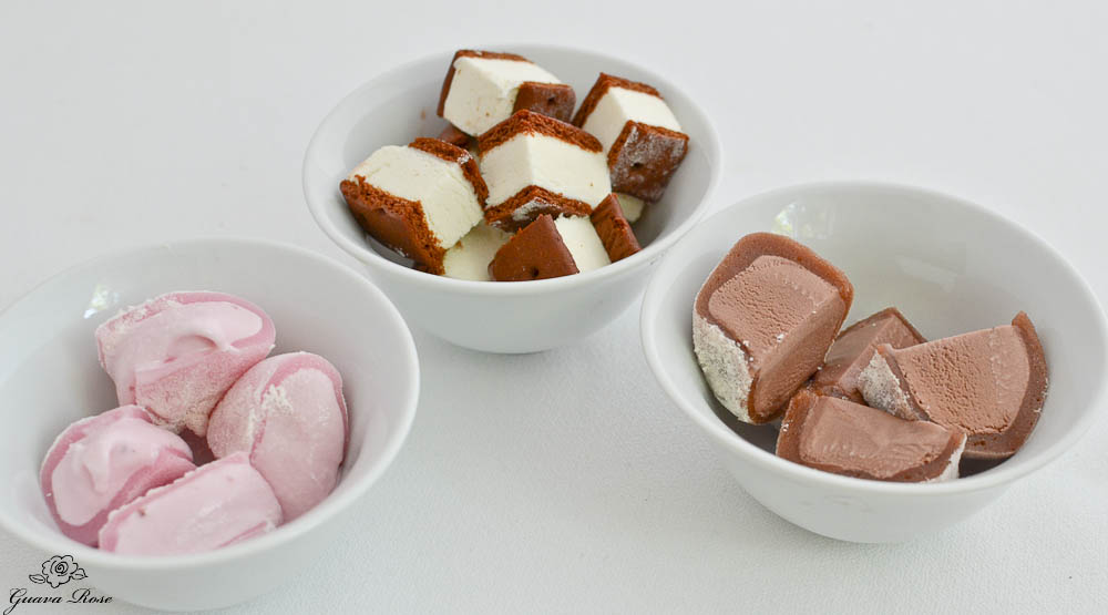 Mochi ice cream and ice cream sandwiches cut into bites