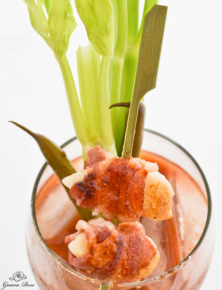 Bacon wrapped mochi over Bloody Mary, long view