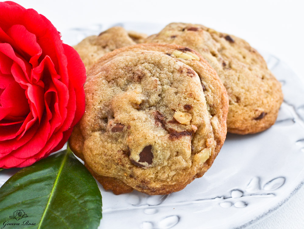 Chewy chocolate chip cookies, close up